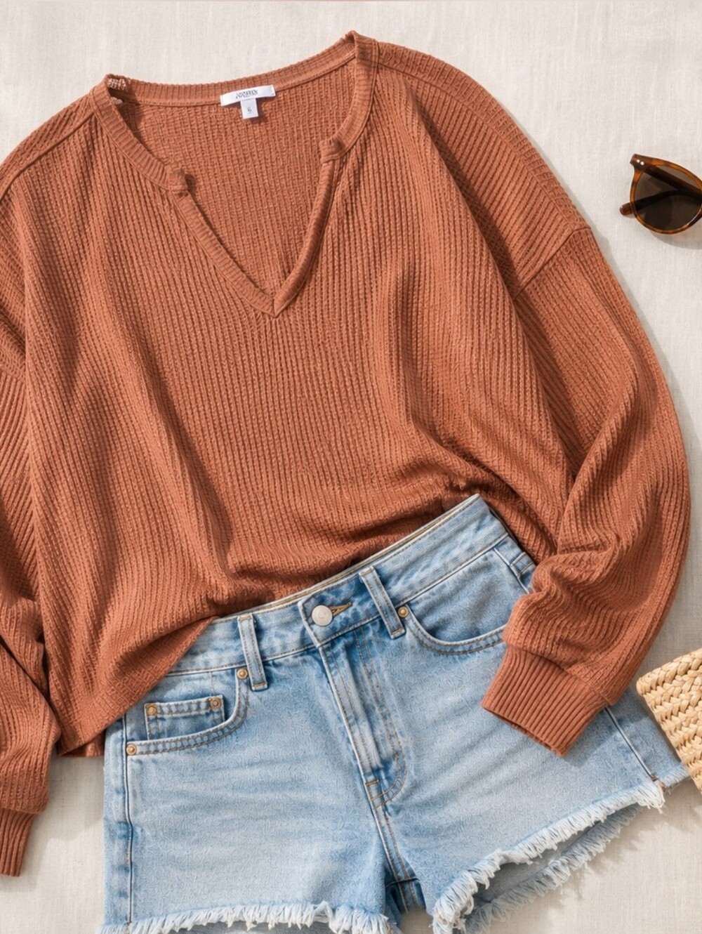 JoyLab Brown Ribbed Waffle Knit Top Size XL | Relaxed Long Sleeve Pullover - Picture 4 of 6